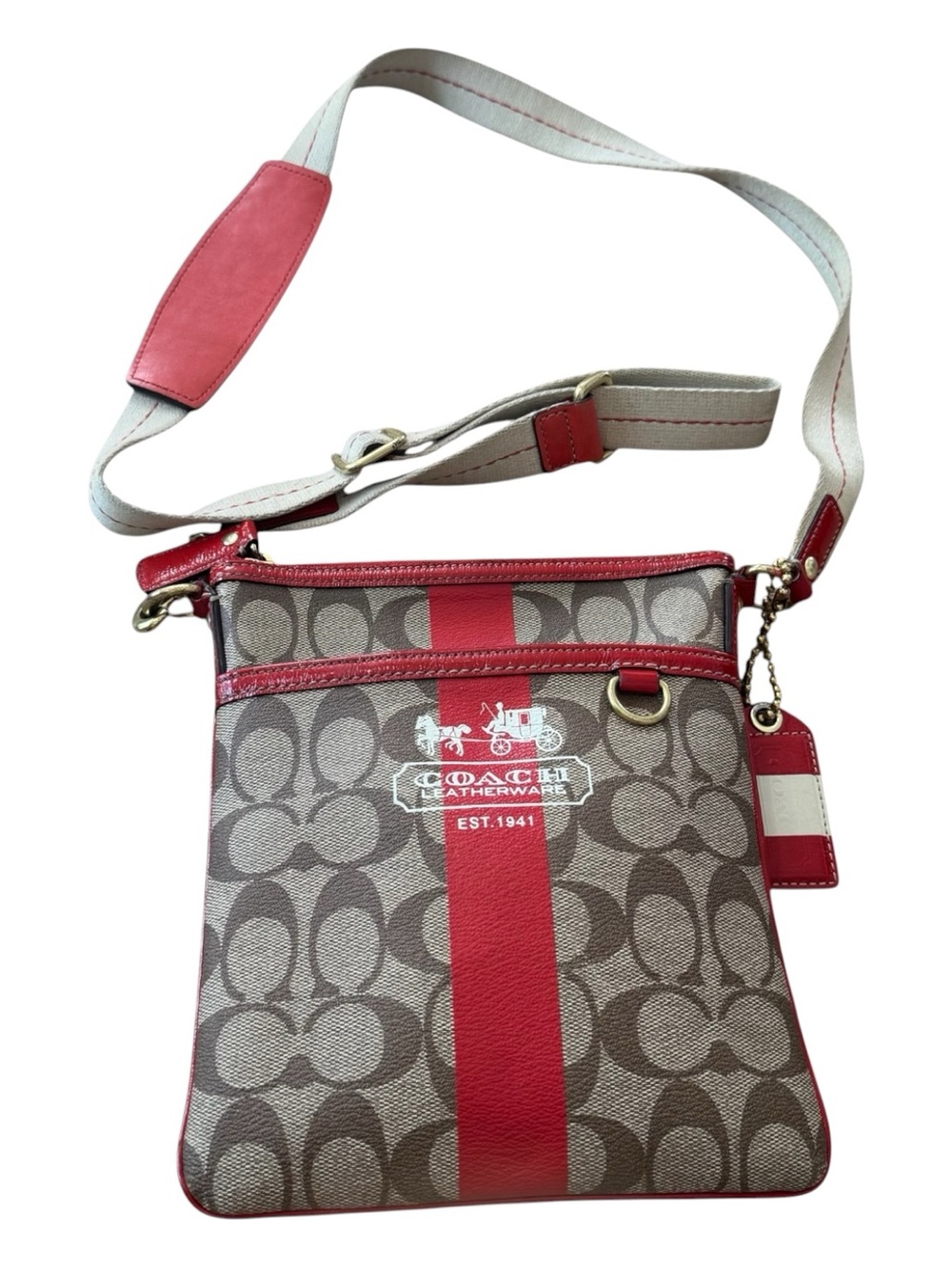 COACH 0773-40924 Vintage Red Stripe Brown Crossbody Bag